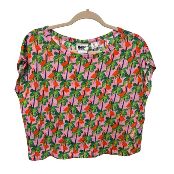 Bouffants and Broken Hearts Tops - Bouffants and Broken Hearts Linen Short Sleeve Flamingo Print Top